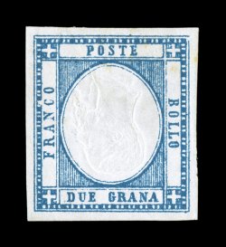 Sassone 20g, 1861 2gr Blue, double head inverted, fresh mint single with wide well balanced margins all around, attractive deep color and strong embossing that shows the variety
well, o.g., lightly hinged, choice very fine a scarce variety that