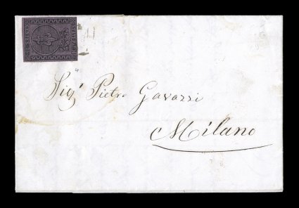 Sassone 4, 1852 25c Black on violet, lovely single tied to clean and attractive 1853 entire folded letter to Milan by light two-line Parma postmark, the stamp has especially deep
rich violet color, plus four well clear to large margins, backstam