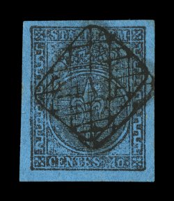 Sassone 5, 1852 40c Black on blue, impressive used single with absolutely enormous margins for this normally tightly margined issue, neat central double strike of a boxed grid
cancel, an extremely fine gem (Scott 5 $400.00).