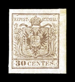 Sassone 21, 1855 30c Brown on machine-made paper, Ty. II, attractive appearing mint single, large to very large margins all around, fresh brown color on bright paper, full crackly
o.g. causing minor gum crease and pinhead thin speck, otherwise v