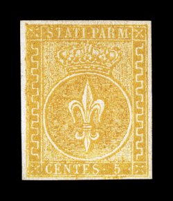 Sassone 6, 1853 5c Orange yellow, handsome unused example with rich strong color and impression, well clear to large margins all around, fresh and very fine an unusually scarce
unused stamp even without gum which the catalog values reflect sig