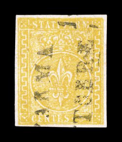 Sassone 6, 1853 5c Orange yellow, bright used example with radiant color on fresh paper, nice balanced margins all around, black two-line cancel, very fine (Scott 6,
$875.00).