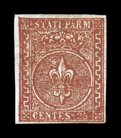 Sassone 8, 1855 25c Red Brown, an extremely rare mint example possessing original gum, well clear to large margins all around, intense deep color and strong impression, full
original gum that is relatively lightly hinged, faint trace of corn