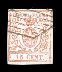 Sassone 9, 1859 15c Vermilion, used single with neat lozenge grid cancel, bright color, clear to large margins all around, very fine (Scott 9 $360.00).