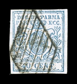 Sassone 11, 1857 40c Blue, Ty. I, with wide 0 in 40, attractive used example with full large margins all around, centrally struck black lozenge grid cancel, very fine (Scott 11,
$500.00).