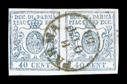 Sassone 11d, 1857 40c Blue, Ty. I and Ty. II se-tenant horizontal pair showing the narrow 0 in the left stamp and the wide at right, full large margins all around, especially
fresh and attractive with a central well struck Parma11 Ott 58 c.