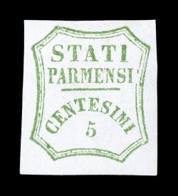 Sassone 12, 1859 5c Blue green, pristine unused single with large to extra-large margins all around, fresh blue green color on bright paper, extremely fine (Scott 12a
$650.00).