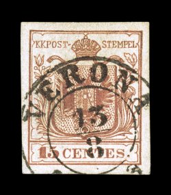 Sassone F1, 1853 15c Vermilion, Verona postal forgery, an especially attractive example of this engraved postal forgery, which is exceptionally well executed and in some ways
better than the issued stamp, wide balanced margins, appropriately can