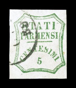 Sassone 12, 1859 5c Blue green, attractive and rare used four-margined example of this difficult stamp, well clear margin at right and extra-large margins on the other three
sides, distinctive blue green color of this earlier printing, neat and