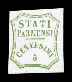 Sassone 12b, 1859 5c Blue green, broken letters in the inscription, position 31 showing quite dramatic breaks in the A and second T of Stati and in the A, R and M of Parmensi,
four large to extra-large margins, fresh color and pape