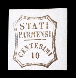 Sassone 14, 1859 10c Brown, an especially large margined mint single showing a portion of the sheet margin at right, deep color and nice impression, o.g., h.r., extremely fine
signed A. D(iena) (Scott 13 $1,350.00).