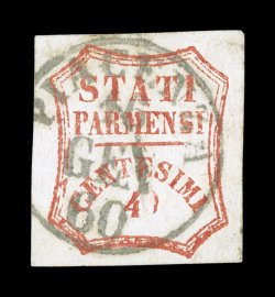 Sassone 17, 1859 40c Vermilion, an especially handsome example of this immensely rare used stamp, margins are large to extra-large all around, plus bright color and sharp
impression, most impressive is a virtually full strike of Piacenza16 Gen