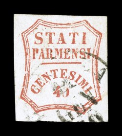 Sassone 17b, 1859 40c Vermilion, thick 0 in 40, an enormously rare used example of this type variety, full large to extra-large margins, possessing bright color on fresh paper,
neat portion of January 11, 1860 c.d.s. of Piacenza that does no