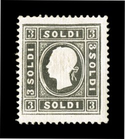 Sassone 24, 1858 3s Black, Ty. I, a remarkably fresh mint single, possessing intense black color and prooflike impression on bright white paper, well centered with crisp even
perforations, full o.g., lightly hinged, very fine a very difficult s