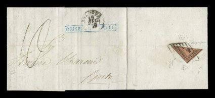 Sassone 5, 1859 4b Black on fawn, diagonal bisect used as 2b, the top right half of the stamp neatly and strongly tied across the bisected edge to the reverse of an 1859 entire
folded letter from Bologna to Cento by black lozenge grid cancel, on