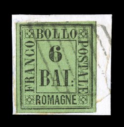 Sassone 7, 1859 6b Black on yellow green, a four-margin single tied to small piece being an extraordinarily rare used example of the most elusive of the Romagne values,
attractive color and detailed impression, margins are large to extra large s