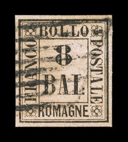 Sassone 8, 1859 8b Black on rose, an especially handsome used example of this scarce value, beautifully large balanced margins showing traces of the dividing lines on three
sides, strong impression on fresh paper, choice very fine and rare in th