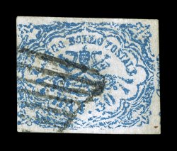 Sassone 12, 1864 50b Deep ultramarine blue, used single showing the characteristic blurry impression being printed from oxidized cliches, three large margins, just barely into
the design at left, black lozenge grid cancel, a fine example of this