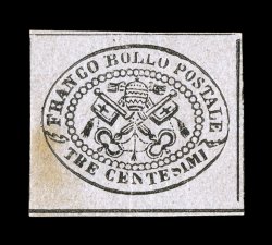Sassone 14, 1867 3c Rose gray, a mint example of this very difficult stamp that is identified by the distinctly rose cast to its gray color, margins are large to extra large
showing three full dividing lines and a trace of the fourth at left, o.