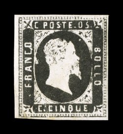 Sassone 1, 1851 5c Black, an incredibly rare mint example of the first stamp of Sardinia, fresh with rich black color, well clear to large margins all around, full clean original
gum that has only been very lightly hinged, small corner crease at