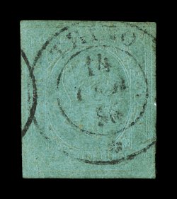 Sassone 4, 1853 5c Embossed on green, an attractive used single with full large margins all around, well embossed and possessing a nearly full strike of a central Trino14 Gen 56
c.d.s., an uncommon postmark on this issue, very fine and choice