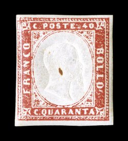 Sassone 16a, 1855 40c Vermilion, a rare example from the early printings of this value, fresh with well clear to large margins all around, attractive color on bright paper, full
o.g., lightly hinged, natural paper fiber, very fine and seldom off