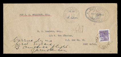 AAMC 1174, February 6, 1933 First Solo Crossing of the South Atlantic from East to West, legal size cover with Brazil 700r tied by Port Natal Feb. 9 c.d.s. and appropriated
handstamps, signed by Captain Mollison, very fine and quite scarce.