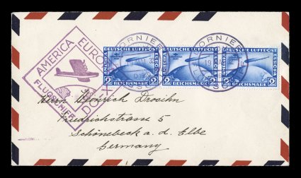 May 19, 1932 DO-X return flight, especially clean and handsome cover posted on board when air ship was in Newfoundland preparing for the return trip to Germany, bearing a
handsome franking of three 2M South America Flight Zeppelin stamps, all wel