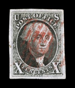 2, 10c Black, used, large margins all around, strong color and impression, red grid cancel, two light horizontal creases, extremely fine appearance.