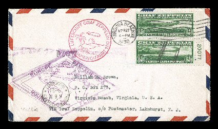 C13, 65c Graf Zeppelin, vertical right margin pair with plate no. 20077 tied by Virginia Beach, Apr. 22, 1930 pmk. on flown cover to a local address, appropriate cachets and
backstamp, very fine.