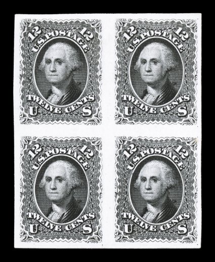76P4-69P4, 5c-12c 1861 Issue, plate proofs on card, each in a block of four, extraordinarily bright and fresh, each with large balanced margins all around, 12c with slight thin
spot on back of card, otherwise extremely fine.