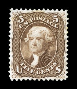 76, 5c Brown, exceedingly well centered, bright fresh color and a clean impression, full o.g., lightly hinged, extremely fine a desirable example of this very scarce and
challenging mint stamp 1986 PF certificate.