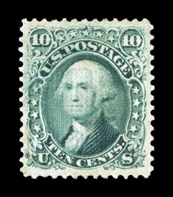 89, 10c Green, E grill, an outstanding mint example of this rare grilled stamp, being exceedingly well centered within especially large margins, strong bright color, full o.g.,
lightly hinged, extremely fine one of the finest quality origin