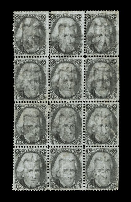 93, 2c Black, F grill, used block of twelve (3x4), centered a bit to the left, strong color, light circle of wedges cancels, perforations scissor cut at right, two stamps with
small faults, fine a very rare block which is certainly among th