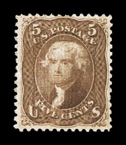95, 5c Brown, F grill, much better centering within larger margins than typically encountered, strong rich color and a highly detailed impression, full o.g. that is never hinged
(incredibly rare thus), very fine any mint 95 is scarce, bu