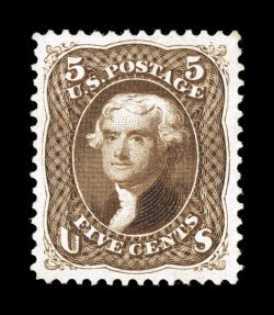 105, 5c Brown re-issue, an extraordinary quality unused example of this rare re-issue, particularly well centered within exceptionally large margins, rich color and a sharp
impression, extremely fine and handsome only 672 stamps sold 1989 PF c