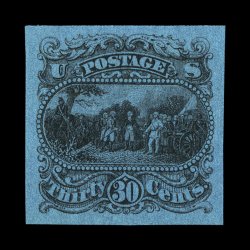 121-E1p, 30c Burgoyne black plate essay on thin surface tinted paper, four different colors, Salmon red, Yellow, Blue and Pale green, each with large margins all around, strong
colors, very fine-extremely fine.