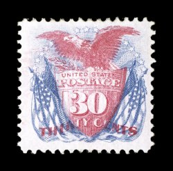121, 30c Blue and carmine, lovely centering within extra-large margins, exceptionally bright and fresh, full o.g., relatively lightly hinged, a very fine and choice example of
this scarce mint stamp 1986 PF certificate.