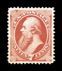 149, 7c Vermilion, an outstanding example of this scarce mint Bank Note, not only is it impeccably well centered within large margins, but its color is incredibly deep and
vibrant, with a strong vivid impression, full o.g., lightly hinged, an ex