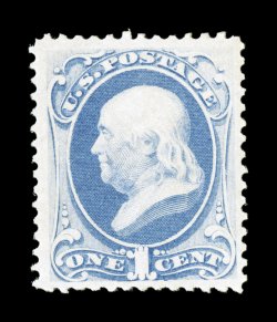 156, 1c Ultramarine, pristine mint single, brilliantly fresh color on especially bright paper, well centered within large margins, o.g., never hinged, trivial natural inclusion
speck on gum, choice very fine clear 1989 PF certificate.