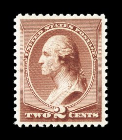 210, 2c Red brown, a particularly fresh and choice mint single, outstanding centering amid large margins, wonderfully rich color and a crisp clean impression on fresh white
paper, pristine o.g., never hinged, extremely fine gem 1990 PF certific