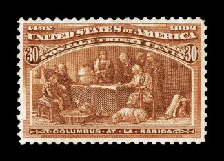 239, 30c Columbian, well centered and margined, strong rich color, o.g., choice very fine 2007 PSE certificate (F-VF 75 - a conservative grade in our opinion- SMQ does not price
this grade).