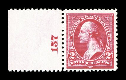 252, 2c Carmine, Ty. III, left sheet-margin plate no. 157 single, nicely centered within large margins, bright and fresh, o.g., n.h., very fine.