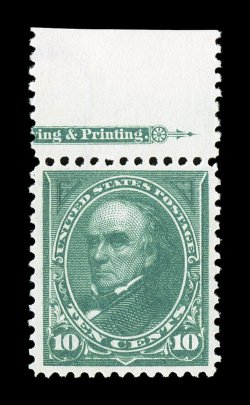 273, 10c Dark green, handsome top margin partial imprint single, wonderfully bright and fresh, excellent centering, pristine o.g., n.h., extremely fine 2006 PF
certificate.