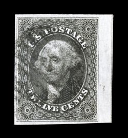 17, 12c Black, a striking used right sheet-margin single, with an impressively large sheet margin that shows the guide line at far right, other margins large and even, deep jet
black color and a prooflike impression that is beautifully contras