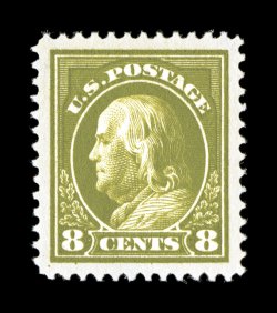 414, 8c Pale olive green, a absolutely breathtaking mint example in the finest attainable quality, featuring mathematically precise centering within huge margins all around,
plus its color is spectacularly deep and intense, with a prooflike impr