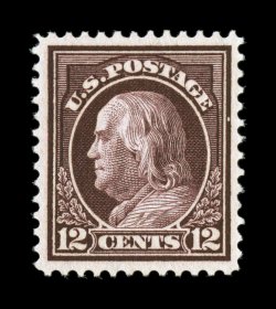 417, 12c Claret brown, uncharacteristically well centered and margined, deep luxuriant color and a sharp impression, o.g., n.h., extremely fine 2007 PSE certificate (XF 90 SMQ
$390.00).