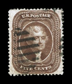 30A, 5c Brown, Ty. II, premium quality used example, exceptionally well centered within especially large margins, rich color and a strong impression, neat grid cancels, extremely
fine 2007 PF certificate.