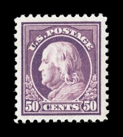 517, 50c Red violet, exceptionally well centered within particularly wide margins, brilliantly rich color and a well incised impression on fresh paper, pristine o.g., n.h.,
extremely fine a highly select example 2007 PSE certificate (XF-Superb