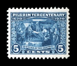 550, 5c Pilgrim Tercentenary, an eye-catching mint single, featuring lavishly large margins all around and being extraordinarily well centered within them, rich luxuriant color
and a crisp detailed impression on bright paper, o.g., n.h., extreme